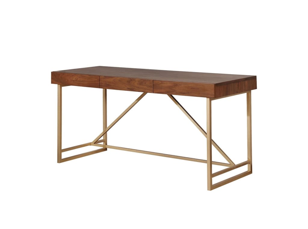 Wood & Metal Writing Desk with Spacious Drawer, Light Walnut Brown & Gold By Casagear Home