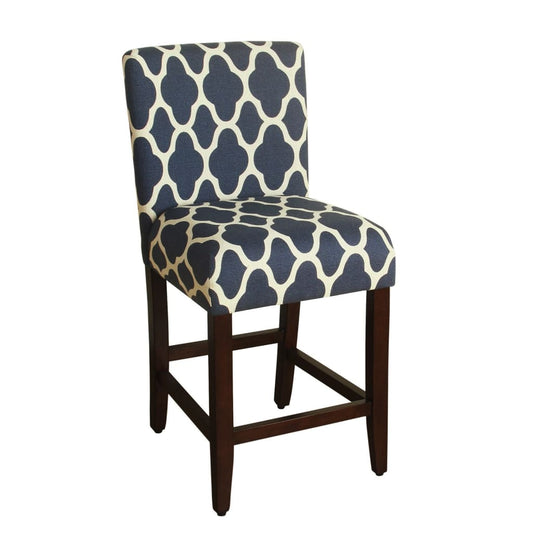 Wooden 24 Inch Counter Height Stool with Quatrefoil Pattern Fabric Upholstery, Blue and White - K6858-24-F2051 By Casagear Home