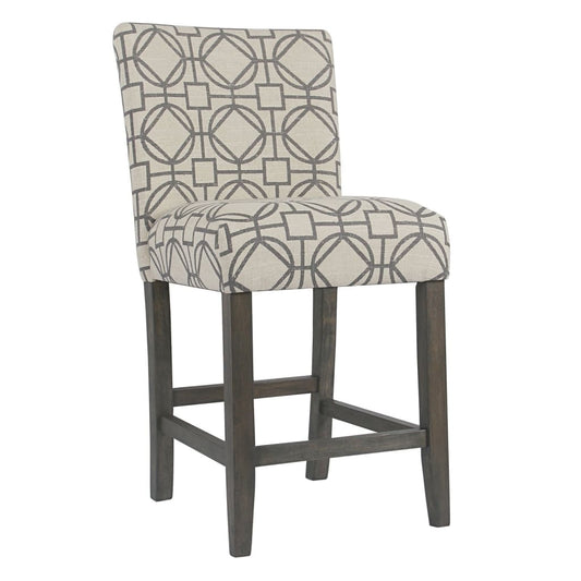 Wooden 24 Inch Counter Height Stool with Trellis Pattern Fabric Upholstery, Cream and Gray - K6858-24-A825 By Casagear Home