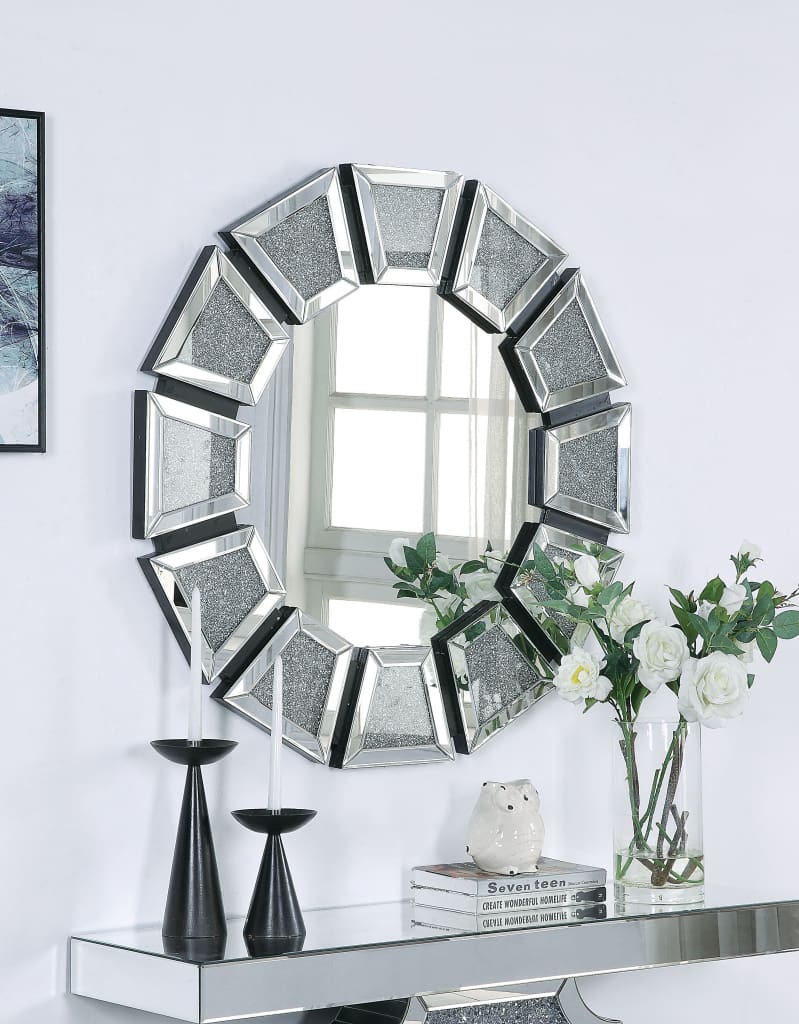 Wooden Backing Wall Decor with Tapered Mirrored Panel Borders, Clear and Black - 97610
