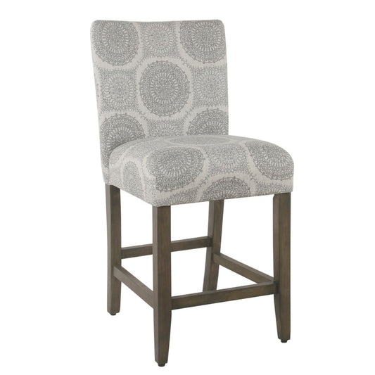 Wooden Counter Height Stool with Medallion Pattern Fabric Upholstery, Gray - K6858-24-A832 By Casagear Home