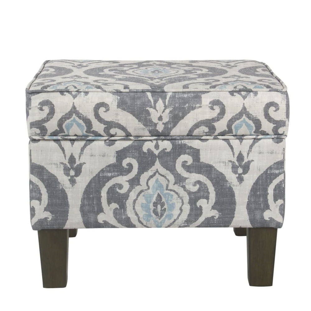 Ottoman | Hidden Storage | Patterned Upholstery | Gray & Blue