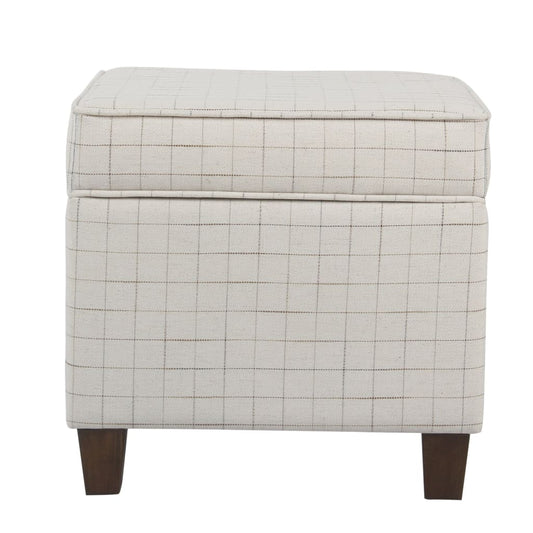 Wooden Square Ottoman with Grid Patterned Fabric Upholstery and Hidden Storage, Beige and Brown - K7342-F2236 By Casagear Home